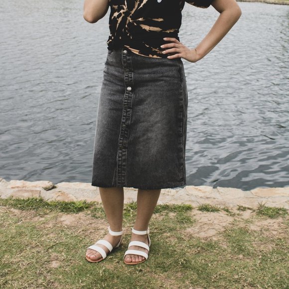 Gray Button Down Denim Skirt - Picture 1 of 4